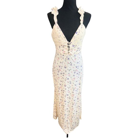 NWT Baby doll Y2K Lace Cream Floral Maxi Dress Tie Boho Chic Ruffle Forever 21 - Picture 2 of 13